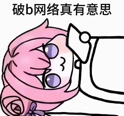 图片中是游戏《胜利女神：妮姬》的二创角色Doro，它有着粉色的头发和紫色的大眼睛，正以一种略带淡漠的表情倚靠在物体上。图片顶部配有文字“破b网络真有意思”，整体呈现出对网络状况的无奈调侃。