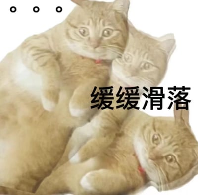 图片中是一只浅棕色的橘猫，其面部被多次重叠拼接，形成一种面部缓缓向下滑动的视觉效果。猫咪双眼圆睁，表情略带惊讶，身体呈现自然的蜷缩姿态。左上角有三个黑色圆形图案，右侧配有黑色粗体文字“缓缓滑落”，直观呼应了猫咪面部重叠产生的滑动感。整体画面通过简单的图片编辑手法，营造出幽默有趣的动态错觉。