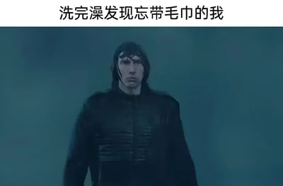 这张梗图上方配有文字“洗完澡发现忘带毛巾的我”，下方是电影《沙丘》中保罗·厄崔迪的剧照。图中角色头发湿漉漉，表情严肃地站在雾气弥漫的环境中，与文字描述的日常生活中忘记带毛巾的尴尬场景形成幽默对比，通过电影中严肃的氛围来夸张表现生活中的小窘境。