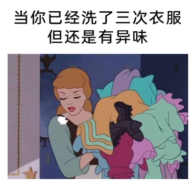 这是一张改编自迪士尼经典动画《灰姑娘》的趣味梗图，上方配文“当你已经洗了三次衣服但还是有异味”，图中的灰姑娘闭着眼睛、眉头微蹙，抱着一大堆衣物，对着衣服吐出代表叹气的白色气泡，生动地还原了人们在家务中遇到衣服反复清洗仍残留异味时的无奈与烦躁，精准戳中日常家务里的小困扰，很容易引发有相同经历的人的共鸣。