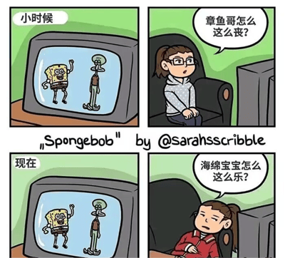 四格连环漫画，通过对比小时候和现在观看《海绵宝宝》的不同感受，展现成长带来的视角变化。左上 panel 标注“小时候”，电视里海绵宝宝开心挥手，章鱼哥表情丧；右上 panel 小时候的女孩戴眼镜坐沙发上疑惑：“章鱼哥怎么这么丧？”。左下 panel 标注“现在”，电视画面相同；右下 panel 现在的女孩穿红衣坐沙发，表情疲惫困惑：“海绵宝宝怎么这么乐？”。通过角色情绪的反差和观看者提问的反转，幽默呈现成年人对乐观与现实的不同理解。