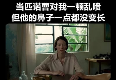 图片上方配有文字“当匹诺曹对我一顿乱喷 但他的鼻子一点都没变长”，下方是电影截图场景：一位女性坐在桌前，背景是带有绿植的窗户，整体氛围平静。通过匹诺曹说谎鼻子会变长的经典设定制造幽默——当匹诺曹“乱喷”（辱骂）时鼻子却没变化，暗示其言论可能是事实，形成讽刺笑点。