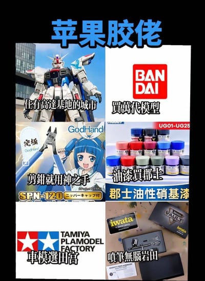这是一张面向模型爱好者（胶佬）的多图拼接宣传图，主标题为“苹果胶佬”。图片包含六个板块：左上角是城市背景中的高达模型，配文“住有高达基地的城市”；右上角是万代（BANDAI）标志，配文“买万代模型”；左下角是神之手（GodHand）剪钳及蓝发动漫女孩形象，配文“剪钳就用神之手”；右中是郡士油漆，配文“油漆买郡士”；中下是田宫（TAMIYA）标志，配文“车模选田宫”；右下角是岩田（Iwata）喷笔，配文“喷笔无脑岩田”。整体旨在推荐模型制作相关的品牌和工具。