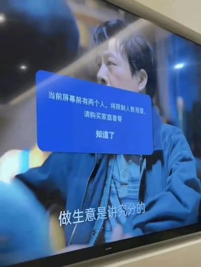 图片展示了一台电视屏幕，正在播放电视剧场景，画面中人物说出“做生意是讲究分的”台词。屏幕中央叠加了一个蓝色弹窗，内容为“当前屏幕前有两个人，将限制人数观看，请购买家庭套餐”，下方有“知道了”按钮。图片通过将电视剧台词与虚构的观看限制提示结合，讽刺了流媒体平台对同时观看人数的严格限制，以及强制用户升级套餐的现象，带有无奈与调侃的意味。