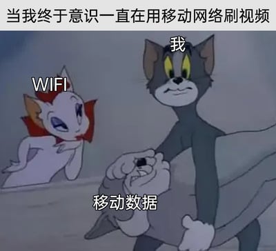 这是一张基于经典动画《猫和老鼠》截图改编的表情包，顶部文字“当我终于意识一直在用移动网络刷视频”点明核心场景。图中用白色母猫代表WIFI，神态悠闲地旁观；汤姆猫的主体部分代表“我”，面露懊恼肉疼的神情，抓着代表“移动数据”的汤姆猫的另一部分，这部分则露出痛苦挣扎的样子。整个表情包生动形象地还原了当代人在发现自己没连接WiFi，不小心用移动数据刷了视频后的后悔、肉疼的心情，精准戳中日常使用移动网络时的失误痛点，引发网友共鸣。