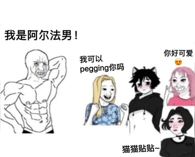 图中左侧是一个肌肉发达、表情愤怒得意的光头男性，配文“我是阿尔法男！”，展现出强势姿态。中间文字“我可以pegging你吗”形成强烈反差，右侧有三位女性角色：金发女性微笑叉腰，黑猫耳角色害羞低头，粉发女性挥手说“你好可爱”，最下方黑发女性配文“猫猫贴贴~”。整体通过“阿尔法男”的强势宣言与后续请求的反差制造幽默效果，角色均为卡通风格，表情生动。