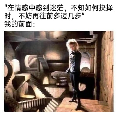 这是一张图文结合的搞笑梗图，上方先给出一句看似积极的建议：“在情感中感到迷茫，不知如何抉择时，不妨再往前多迈几步”，随后用“我的前面：”引出下方的电影场景图。图中是电影《魔幻迷宫》里的经典视觉错觉场景——彭罗斯阶梯，这些楼梯结构逻辑混乱、相互交错，没有明确的前进方向，以此来调侃当自己在情感里陷入迷茫时，所谓的“往前迈”根本没有清晰的路径可走，反而会陷入更混乱的处境，精准地表达了人们在情感抉择时的无助感与前路的迷茫感。