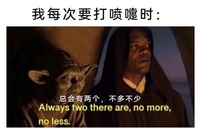 这是一张结合影视梗的生活吐槽类梗图，顶部配有文字“我每次要打喷嚏时：”，引出下方的《星球大战》影视截图。截图中是系列经典角色尤达和梅斯·温杜，尤达对应的配文为“总会有两个，不多不少”，改编自尤达描述西斯师徒成对出现的经典台词，用严肃的影视台词语境来吐槽日常生活中打喷嚏总是连续打两个的普遍体验，精准贴合很多人的生活经历，制造出反差感和幽默效果，容易引发共鸣。