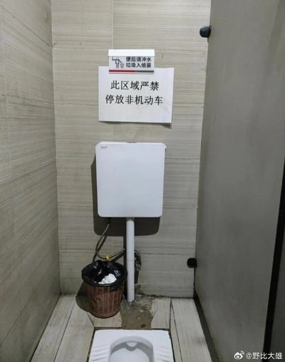这是一个蹲厕隔间内的场景，墙面张贴着两张标语：上方是符合场景的“便后请冲水 垃圾入纸篓”提示，下方却是“此区域严禁停放非机动车”的标识。但隔间内仅有蹲便器、冲水箱和垃圾桶，完全没有可供停放非机动车的空间，标语与实际场景形成强烈反差，显得十分迷惑、搞笑，属于明显的标语张贴错误，和实际使用场景完全不匹配。