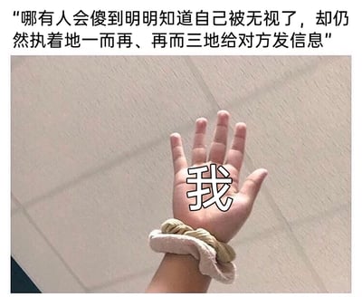 这是一张自嘲类的社交梗图，采用顶配底文的形式呈现。图片上方配有文字“哪有人会傻到明明知道自己被无视了，却仍然执着地一而再、再而三地给对方发信息”，下方是一只戴着毛绒发圈的手举在画面中，手心位置标注了大大的“我”字，通过这种图文结合的方式，直白又幽默地表达出自己就是那个在人际交往中，明知已经被对方无视，却还是忍不住反复给对方发消息的人，精准戳中了很多人在感情或社交里卑微执着的情绪，用自嘲的口吻消解这种情绪里的酸涩感。