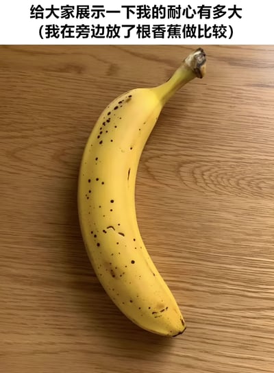 图片主体为一根放在木质桌面上的黄色香蕉，香蕉表皮带有明显的褐色斑点，显示出一定的成熟度。图片上方配有文字“给大家展示一下我的耐心有多大 (我在旁边放了根香蕉做比较)”，通过将耐心与逐渐成熟（出现斑点）的香蕉进行幽默对比，暗示自己的耐心如同香蕉成熟过程一样“持久”，用生活化的物品制造出轻松搞笑的效果。