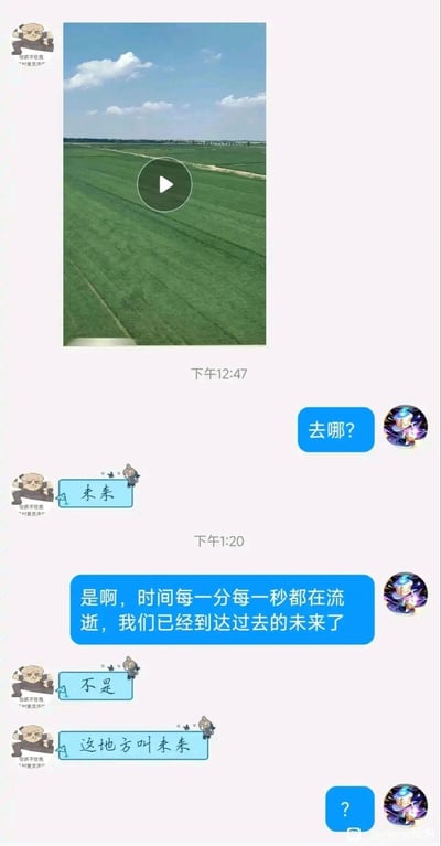 这是一段竖屏手机格式的聊天记录截图，内容为两人的即时通讯对话：发送者在下午12:47发送了一段户外田野风景的视频，接收者随后询问“去哪？”，发送者回复“来来”，接收者将其谐音理解为时间概念的“未来”，发出了关于时间流逝的感慨，发送者随即解释“这地方叫来来”，接收者最后发出问号表示疑惑，整个对话因地名的谐音造成了有趣的误会，充满生活化的搞笑感。