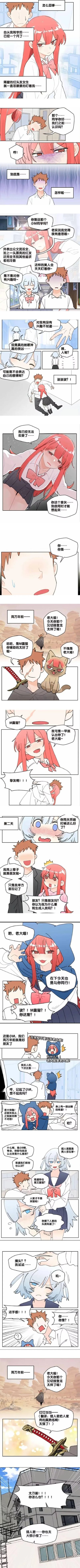 这是一条原创条漫，讲述了转学的棕发男生，被隔壁的红发女生小M恶狠狠盯着，一个月后忍不住搭话却被无视，同学调侃女生可能对他有意思。男生忍不住追问，女生委屈地表示他终于想起自己，原来两人在两万年前是挚友，女生是当时陪伴男主的M露猫，为了追随男主才转来这所学校。之后两人关系变好，日常互动搞笑又温馨，还有小误会和前世的温馨闪回，最后男主不小心把女生当成猫，闹出小笑话。整体是校园+前世羁绊的温馨治愈题材，没有双关或谐音梗。