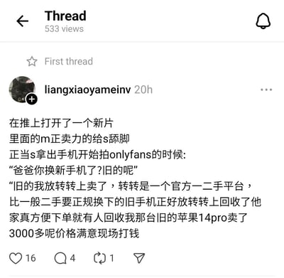 这是一张社交媒体平台Thread的帖子截图，用户"liangxiaoyameinv"发布了一条包含低俗内容的帖子，描述了不当行为场景，随后突然转折为二手交易平台"转转"的广告，推广旧手机回收服务，特别提到将苹果14pro在该平台卖出了3000多元。帖子获得了533次查看和16个点赞。