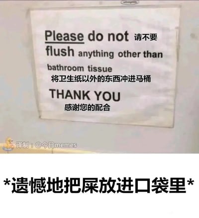 这是一张本土化译制的搞笑梗图，画面上方是贴在卫生间的中英双语提示牌，内容为禁止将卫生纸以外的物品冲进马桶并感谢配合；画面下方配文“*遗憾地把屎放进口袋里*”，通过极端化、不符合常理的“遵守规则”行为，制造出荒诞无厘头的喜剧效果，用夸张的方式调侃死板遵守规则的行为，属于典型的社交媒体搞笑meme内容。