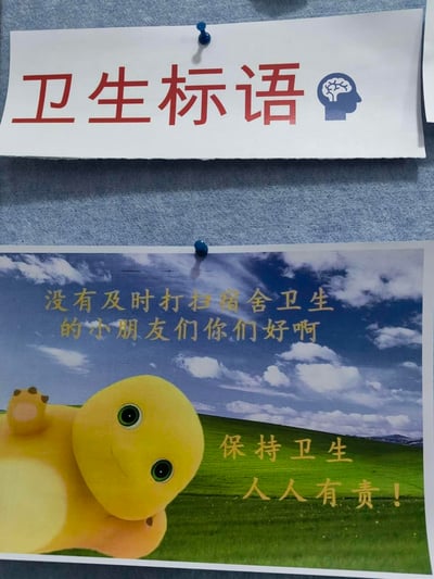 图片展示了两张钉在灰色布面背景上的卫生宣传海报。上方海报用红色大字写着“卫生标语”，右侧配有蓝色大脑图标；下方海报以蓝天白云绿地为背景，左侧有一个黄色卡通形象，画面中文字为“没有及时打扫宿舍卫生的小朋友们你们好啊”和“保持卫生 人人有责！”，整体风格轻松可爱，旨在提醒宿舍成员保持卫生。