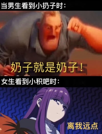 这是一张上下对比结构的梗图，通过两个动画角色的表情和台词来幽默对比男女对不同身体特征的反应。上图展示一个愤怒的男性角色握拳怒吼，配文"当男生看到小扔子时：奶子就是奶子！"；下图展示一个表情不屑的紫色长发女性角色，配文"女生看到小积吧时：离我远点"。