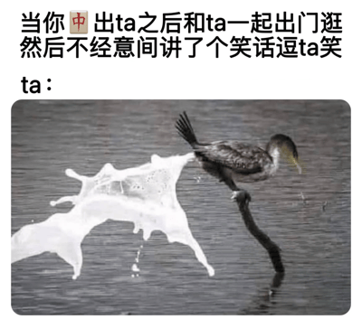 这是一张带有低俗两性暗示的网络梗图，上方配文用“🀄出”（谐音“中出”，带有低俗两性含义）构建场景，描述在和伴侣发生亲密关系后出门，讲笑话逗笑对方的情境；下方的实拍图片是一只水鸟在水面上，视觉错位效果让鸟身后的白色液体与鸟的姿态结合，看起来像是被逗笑的伴侣出现类似失禁喷出液体的画面，利用视觉错位和荤段子暗示制造低俗搞笑的效果，属于网络上流传的两性玩笑类梗图。