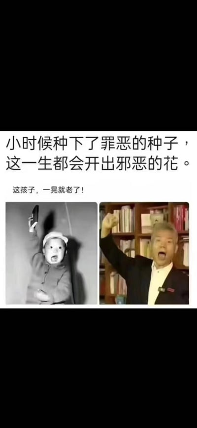这是一张左右对比的拼贴梗图，上方配有文字“小时候种下了罪恶的种子，这一生都会开出邪恶的花。”，下方左侧是一张老照片里举着物品、大张嘴巴的小孩，右侧是学者司马南举拳张嘴的截图，下方配文“这孩子，一晃就老了！”，通过两张动作高度相似的图制造身份反差，戏谑调侃从孩童到老年的变化，结合上方文字形成荒诞搞笑的效果。