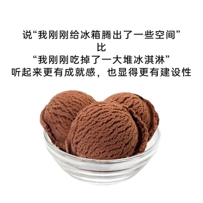 这是一张顶配底文的静态图文混排图片，上方是一段趣味文字，传递了一种巧妙的语言表达思路：将直白的“吃掉一大堆冰淇淋”换为更具正向感的“给冰箱腾出了一些空间”，会让表述听起来更有成就感和建设性；下方搭配了一碗盛放着三颗纹理清晰的巧克力冰淇淋球的图片，用实物直观呼应文字里的核心事物，整体以轻松幽默的方式调侃了换个积极角度表述日常小事的趣味，很容易引发网友的共鸣和传播。