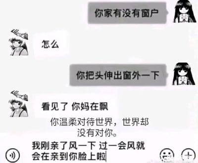 这是一张由聊天记录和温柔文案拼接而成的黑白梗图。上方是两段卡通角色的对话：长发角色先以「你家有没有窗户」「你把头伸出窗外一下」试图制造套路，却被戴帽角色回怼「看见了 你妈在飘」，充满戏谑感；下方紧接着配上两段治愈系文案「你温柔对待世界，世界却没有对你。」「我刚亲了风一下 过一会风就会在亲到你脸上啦」，用怼人后的温情反差，既制造了笑点，又传递出治愈感，适合日常玩梗和分享情绪。