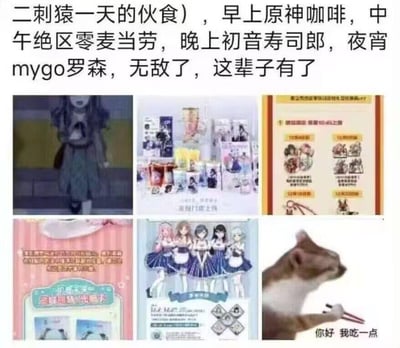 这是一张由网友拼贴创作的趣味梗图，核心内容是描绘二次元爱好者（图中用谐音词“二刺猿”指代）梦想中的一天伙食：早上享用《原神》与咖啡品牌的联动餐品，中午是《绝区零》和麦当劳的联动套餐，晚上体验初音未来和寿司郎的联动活动，夜宵则是《BanG Dream! It's MyGO!!!!!》与罗森的联动美食，配文“无敌了，这辈子有了”直白地表达出粉丝对这些IP联动的极度向往。下方六张配图分别对应这些联动场景：左上角是《原神》联动咖啡的宣传画面，中上方是《绝区零》与麦当劳的联动周边展示，右上方是联动活动的参与规则说明，左下方是初音未来和寿司郎的联动活动界面，中下方是MyGO!!!!!与罗森的联动海报，右下角是网络知名的“筷子猫”表情包，配文“你好 我吃一点”，生动地呼应了粉丝想要参与所有联动、品尝联动美食的心情，整体充满了ACGN圈子的趣味氛围。