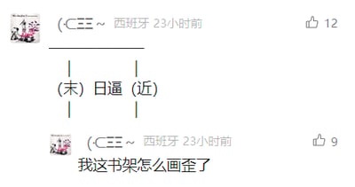 这是一张社交媒体平台的用户内容截图，发布者为(⊂二⊂~，显示所在地为西班牙。该用户首先发布了模仿书架竖线的排版内容，在竖线中间放置了“（末）日逼（近）”的文字，将“末日逼近”拆分排版，看起来像是竖排文字的失误；随后该用户又发布一条内容，假装疑惑“我这书架怎么画歪了”，实际上是刻意利用这种排版和文字拆分制造谐音梗，以假装失误的方式进行趣味创作，达到搞笑的效果。
