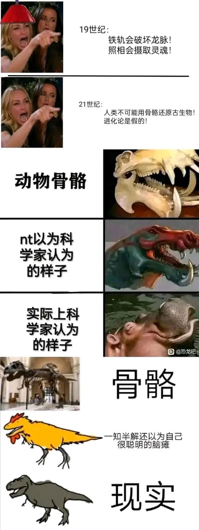 这是一张多图拼接的图文混排类网络梗图，整体分为三个板块：第一板块使用源自美国真人秀《比弗利娇妻》的“女性愤怒指责”表情包，分别配文对比19世纪与21世纪的典型反科学言论，前者是对新兴科技的封建迷信式质疑，后者是对古生物还原科学和进化论的否定；第二板块以“动物骨骼”为主题，用夸张的奇幻生物形象代表“无知者以为的古生物还原结果”，用真实的河马形象代表“科学家基于科学推测的还原结果”，调侃大众对古生物还原的误解；第三板块以恐龙为对象，展示真实的恐龙骨骼、被调侃的一知半解者脑补的怪异鸡形恐龙、符合科学认知的恐龙形象，讽刺那些不懂装懂、质疑古生物科学研究的人群，传递科学认知的重要性。