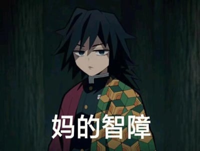 图片中是动漫《鬼灭之刃》角色富冈义勇，黑色刺猬头，蓝色眼睛，表情严肃，身着黑色制服与绿黄相间羽织，背景为深色木纹。下方叠加白色文字“妈的智障”，通过严肃表情与粗俗文字的反差制造搞笑吐槽效果。