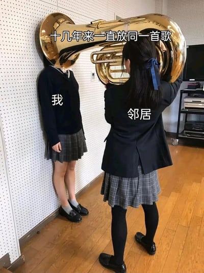 这是一张调侃邻里噪音困扰的搞笑梗图，图中有两位穿着校服的女生：靠墙站立的女生被标注为‘我’，她的头部被大号的喇叭口完全罩住，姿态显得被动无奈；背对着镜头举着大号的女生被标注为‘邻居’，大号的喇叭口正对着‘我’的头部。图中配文‘十几年来一直放同一首歌’，用夸张的大号灌音的场景，生动形象地表现出邻居长期循环播放同一首歌，声音如同大号直接灌进耳朵，让‘我’不堪其扰的真实感受，引发有类似邻里噪音经历的网友共鸣。