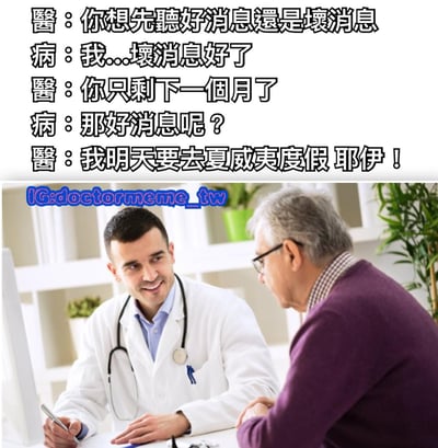 图片上方为医生与病人的对话文本：医生询问病人想先听好消息还是坏消息，病人选择坏消息后被告知只剩一个月生命，追问好消息时，医生却兴奋表示自己明天要去夏威夷度假。下方是一张真实照片，内容为穿着白大褂、佩戴听诊器的医生面带微笑坐在桌前，与对面一位头发花白、穿着紫色毛衣的老年患者交谈，背景有绿植和书架，营造出诊室场景。图片通过医生极度自我中心的“好消息”与病人的悲惨“坏消息”形成强烈反差，制造黑色幽默效果。