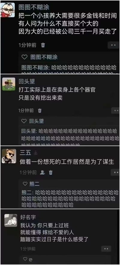 图片为社交媒体评论截图，包含四条打工人职场吐槽内容：
1. 图图不糊涂：养小孩费钱，而“大的”已被公司三千一月买走；
2. 回头望：打工如同卖器官，只是未被挖出；
3. 三五：做着想死的工作只为谋生；
4. 好名字：上班像嫁给不爱的人踏实过日子。每条帖子下均有发布者或他人的哈哈评论，整体充满自嘲与黑色幽默，反映打工人的无奈与调侃。