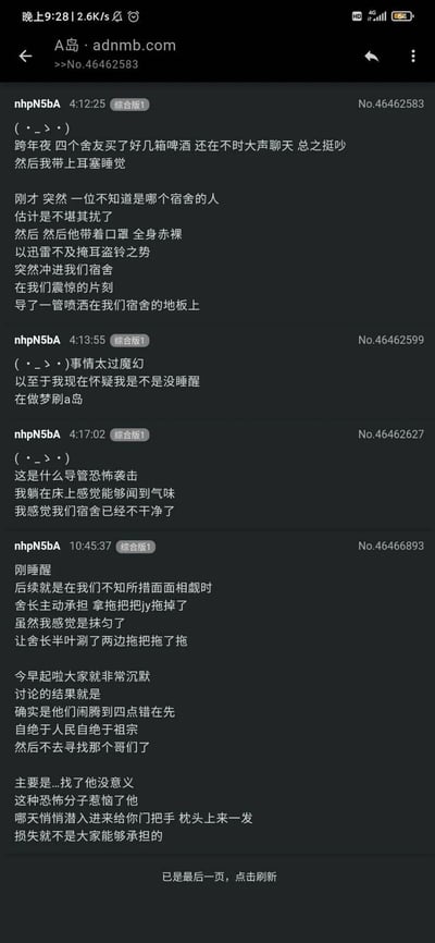 这是来自匿名论坛A岛的用户nhpN5bA分享的亲身经历，跨年夜当晚，他的宿舍中四名舍友买了多箱啤酒，大声聊天喧闹到深夜，他只好戴上耳塞准备睡觉。随后一名不堪噪音骚扰的陌生男子，戴着口罩、全身赤裸，突然冲进他们宿舍，在众人震惊之际，将精液喷射在宿舍地板上后离开。事件发生后，发帖人感到非常魔幻，甚至怀疑自己在做梦。后续宿舍舍长主动清理了现场，第二天宿舍成员们陷入沉默，讨论后认为是自己宿舍喧闹在先，且担心报复，决定不追究该陌生男子的责任。整个经历荒诞又搞笑，充满了戏剧性。