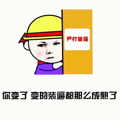 图片中是一个戴着黄色头盔和红色头带的卡通人物，正从一块黄色牌子后探出头来，牌子上有红色文字“严打装逼”。图片底部配有黑色文字“你变了 变的装逼都那么成熟了”。整体通过卡通形象和幽默文字，以讽刺的方式调侃某人“装逼”行为变得更加“成熟”，带有搞笑吐槽的意味。