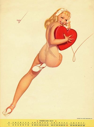 这是一幅1947年2月的经典pin-up风格日历插画，由著名艺术家George Petty创作。画面中，一位金发女子头戴白色蝴蝶结，身着浅色紧身内衣，脚踩白色高跟鞋，以俏皮的姿势侧身回眸，双手紧抱一颗鲜红色的心形物体，笑容甜美愉悦。插画底部是2月日历网格，标注了星期（S MTWTFSS）和日期（1-28），顶部左侧有艺术家签名“PETTY”。整体风格融合了复古性感与实用日历功能，是20世纪中期美国流行文化中pin-up艺术的典型代表。