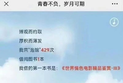 这是一张屏幕截图，整体背景为淡蓝色带云朵的柔和样式，顶部配有励志标题“青春不负，岁月可期”，下方紧接着两句励志古语“博观而约取，厚积而薄发”，营造出积极向上的氛围。随后展示了个人图书馆使用数据：“我共‘泡馆’429次，借阅图书1本”，最后点明借阅的第一本书是《世界情色电影精品鉴赏·III》。前面的励志语境、高频的泡馆次数，与仅借阅一本带有情色标签的书籍形成巨大反差，打破了原本励志总结的预期，制造出荒诞搞笑的效果。