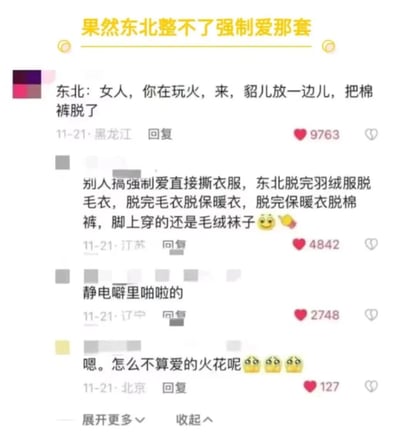 一张社交媒体截图，标题为“果然东北整不了强制爱那套”，下方是多条用户评论。内容通过地域文化梗，将“强制爱”套路与东北寒冷天气结合，调侃东北在类似场景中会让对方脱棉裤而非撕衣服，还描述脱多层衣物（羽绒服、毛衣、保暖衣、棉裤）及静电现象，最后以“怎么不算爱的火花呢”幽默收尾，充满地域特色的搞笑吐槽。