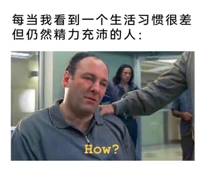 这是一张经过二次创作的网络梗图，上方配有中文文案“每当我看到一个生活习惯很差但仍然精力充沛的人：”，下方截取了美剧《黑道家族》中主角托尼·瑟普拉诺的画面，他面露疑惑、难以置信的神情，下方配有的英文文字“How?”精准地传递出看到这类人群时，内心产生的强烈不解与灵魂拷问，生动地表现出许多人在面对生活习惯不健康却依旧精力旺盛的人时的困惑情绪，容易引发有相似经历的网友的共鸣。