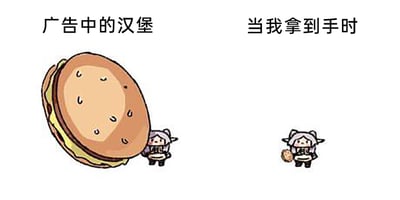 这是一张左右对比的静态卡通梗图，左侧区域上方配有文字“广告中的汉堡”，画面里是一个体积远超Q版卡通角色的巨型汉堡，角色站在汉堡旁边，凸显出汉堡的巨大；右侧区域上方配有文字“当我拿到手时”，画面里同一个卡通角色手中拿着一个尺寸极小、类似小饼干的食物，与左侧广告中的巨型汉堡形成极其强烈的视觉反差。这张图通过夸张的对比，生动地吐槽了现实中常见的商家广告宣传与实际到手商品严重不符的消费乱象，极易引发消费者的共鸣。