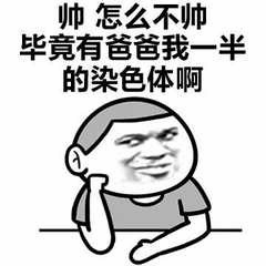 图片为黑白卡通风格，展示了一个单手撑头、表情得意的简笔画人物。上方配有文字“帅 怎么不帅 毕竟有爸爸我一半的染色体啊”，以幽默夸张的语气调侃自己的帅气源于遗传父亲的基因，整体呈现出自信甚至略带自恋的轻松搞笑氛围。