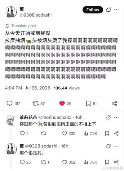 用户「葉」在社交平台发布动态，称自己拉屎抽烟时头被烟灰烫到，崩溃大喊后宣布从今天开始戒烟。评论区用户「茉莉花茶」调侃他和之前「鹿管射到眼睛里」的人糗事不相上下，楼主回复「那个也是我」，形成搞笑的自曝现场，充满自嘲的笑点，无谐音梗或双关含义。