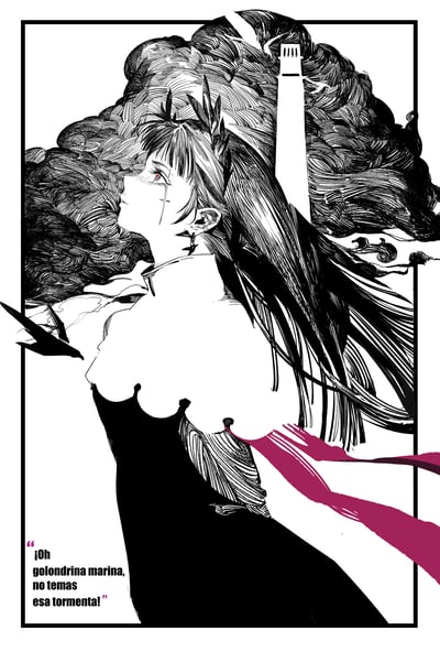 这是一幅黑白风格的插画作品，描绘了一位红发少女的侧身像。少女眼神坚定地望向天空，长发随风飘动，背景是浓密的云层和一座高耸的灯塔。她的衣服上有复杂的花纹细节，一条醒目的红色飘带从她身后延伸出来，形成画面中唯一的彩色元素。左下角有西班牙文字："¡Oh golondrina marina, no temas esa tormenta!"（哦，海燕，不要害怕那场风暴！）。整幅作品线条细腻，对比强烈，营造出一种既唯美又略带忧郁的氛围。