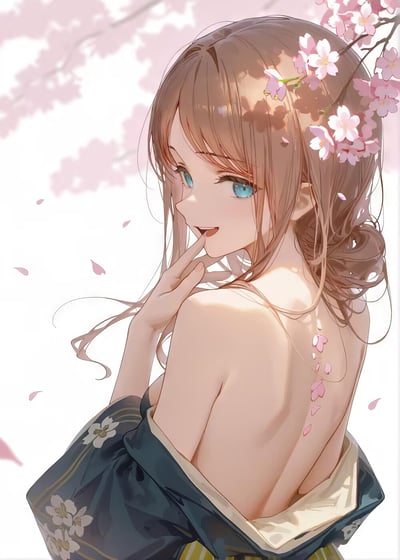 这是一幅AI绘制的二次元风格插画，画面中一位棕发蓝眼的少女露出光洁的后背，侧头回眸，手指轻抵唇边，带着灵动俏皮的笑意。背景是漫天飘落的樱花，花枝垂落在少女发间，暖色调的光影柔和地笼罩着少女，整体氛围浪漫治愈，充满春日的温柔感，图中没有双关、谐音梗或暗示内容。