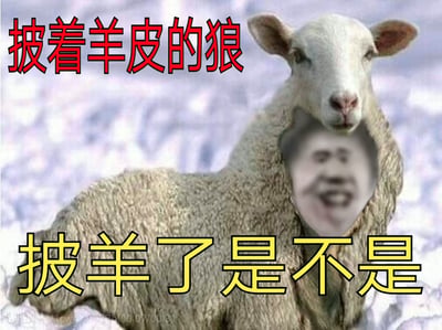 图片主体为一只绵羊，其胸部位置被合成了一张模糊的人脸，形成“披着羊皮”的视觉隐喻效果。顶部有红色醒目大字“披着羊皮的狼”（源自经典成语，比喻表面善良实则凶恶的人），底部配有黄色文字“披羊了是不是”，以俏皮语气对“伪装行为”进行调侃。整体通过实拍照片与文字结合的方式，将抽象成语具象化，带有明显的幽默讽刺意味，常用于调侃那些表里不一的人或事。