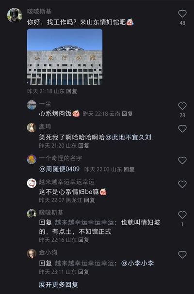 这是一张抖音评论区的截图，用户“啵啵斯基”发布了山东博物馆的照片，利用牌匾字体的视觉效果玩谐音梗，将“山东博物馆”调侃为“山东情妇馆”，并配文趣味招聘式的文案，引发其他用户的互动。其他用户有的玩延伸谐音梗，有的表达好笑的情绪，整个评论区充满轻松趣味的氛围，核心是围绕山东博物馆的谐音梗展开的网络趣味互动。