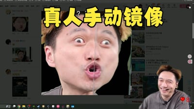这张梗图是对B站知名我的世界UP主籽岷的直播画面进行P图改编创作，画面中心将籽岷的脸部用一条竖线分割并做镜像处理，形成夸张搞怪的面部效果，上方配有醒目的黄色大字‘真人手动镜像’；右下角还保留了籽岷本人大笑的直播画面，背景是B站的界面。通过夸张的镜像面部制造出滑稽搞笑的效果，在我的世界玩家社群和B站相关圈子流传。
