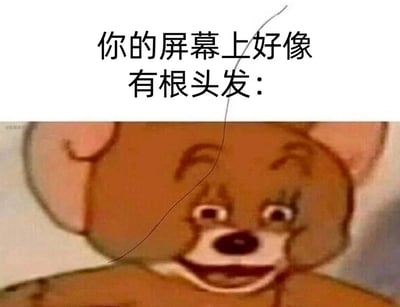 这是一张用于整蛊的网络表情包，图片上方配有文字“你的屏幕上好像有根头发：”，并在文字下方和下方的卡通角色图像上绘制了一根线条，模拟出头发落在屏幕上的视觉错觉，会让观看者下意识想要去拨开这根“头发”。下方的卡通角色是动画《猫和老鼠》中的杰瑞，其面部被二次创作成怪异的神态，眼睛瞪大、嘴角扭曲，配合整蛊的文字和视觉错觉，增添了戏谑、搞笑的氛围，常用于社交平台和朋友互动，达到捉弄对方的效果。