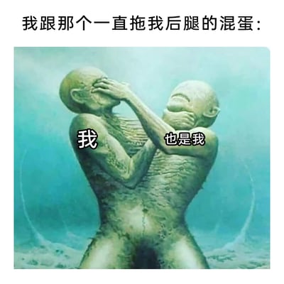 这是一张经过文字二次创作的视觉错位梗图，底图是一个在水下的类人艺术形象，通过视觉错觉效果呈现出两个个体互相拉扯、捂住对方面部的姿态。图上方配文“我跟那个一直拖我后腿的混蛋：”，并在两个“个体”上分别标注“我”和“也是我”，以此具象化地表达自我内耗的情绪：当人们想要积极行动时，内心的惰性、消极想法会成为“拖后腿的自己”，与理智的自己产生激烈的精神拉扯，精准描绘出人们在自我斗争时的矛盾、痛苦与挣扎。
