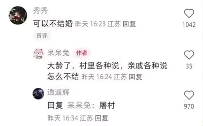 这是一组截图表情包，讨论了现代年轻人是否必须结婚的话题。首评表示可以不结婚，作者回复表达现实困境：大龄后村里、亲戚各种议论，最后第三人调侃“屠村”，用夸张的方式缓解压力，引发网友共鸣和笑点。这种调侃带有无奈和自嘲，将婚姻压力的话题用搞笑语气表达，比较年轻化，容易在网络社交平台传播。没有明显的谐音或双关梗，但“屠村”用语极具网感和夸张表现，形成反差萌。