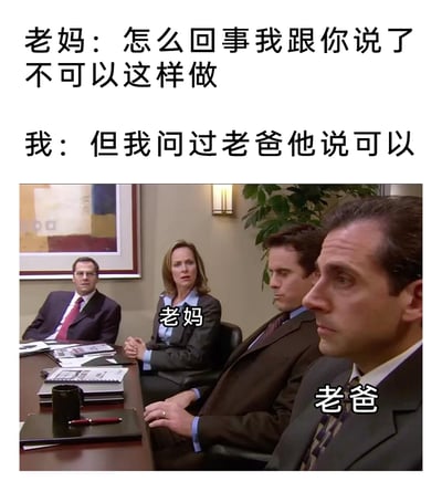 这个梗图以美剧《办公室（美国版）》的会议场景为基础，模拟了家庭里的常见搞笑场景：老妈发现“我”做了不被允许的事并指责“我”，“我”则拿老爸当挡箭牌，表示是老爸同意的。图中把场景里的女性标注为“老妈”，她带着惊讶不满的表情，而被标注为“老爸”的男性则回避视线，假装事不关己，生动还原了老爸被老妈问责时想逃避的尴尬状态，精准戳中家庭中这种“甩锅”后的有趣反应，充满生活化的搞笑感。